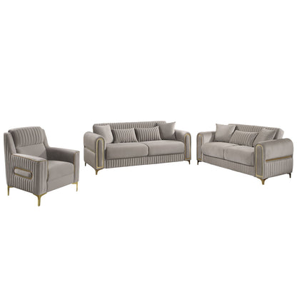 Light gray sofa set with ribbed back and arm details, loveseat, sofa, and chair