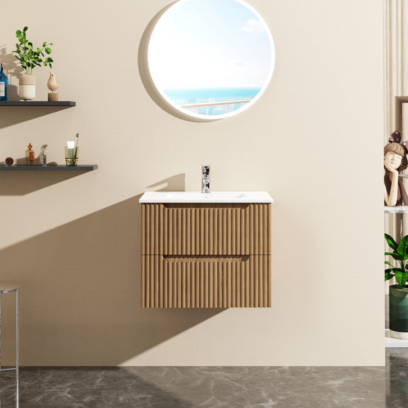 Wall-mounted vanity with light brown vertical slats, white sink top, single drawer