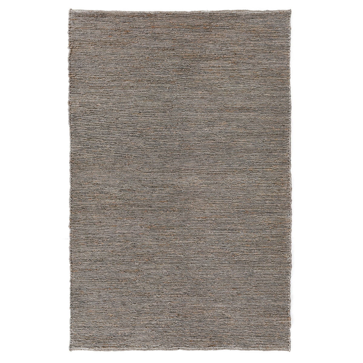 Gray jute area rug with dense flat weave look and short fringed edges