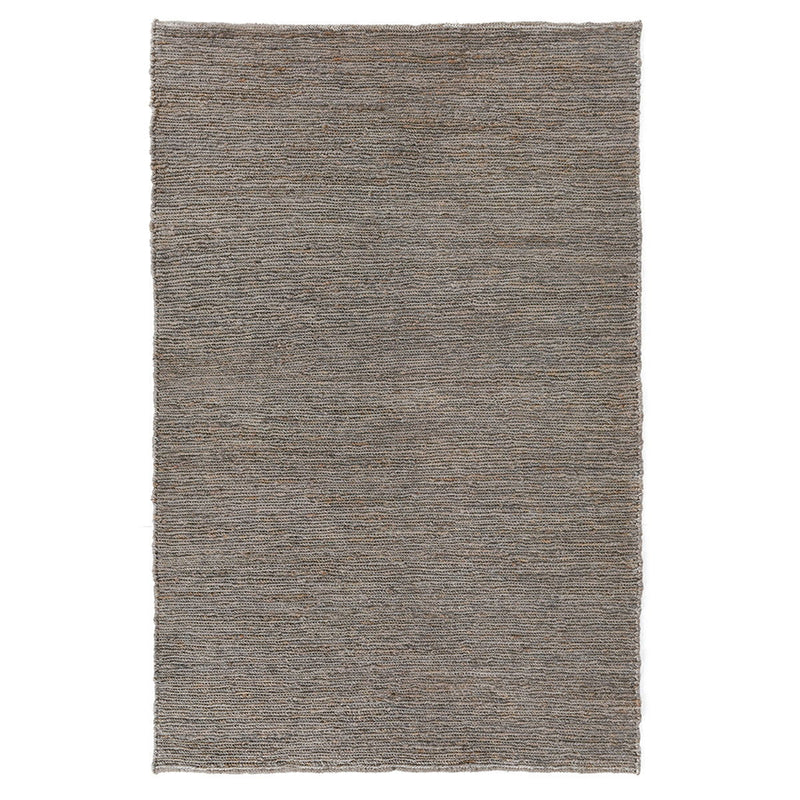 Gray jute area rug with dense flat weave look and short fringed edges