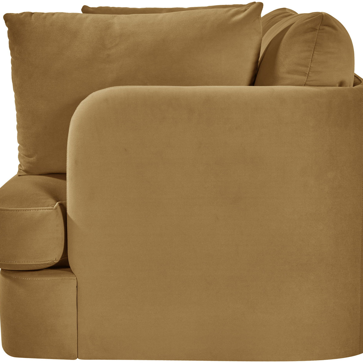 Beige velvet upholstered loveseat with rolled arms and back cushions, chaise-style seat