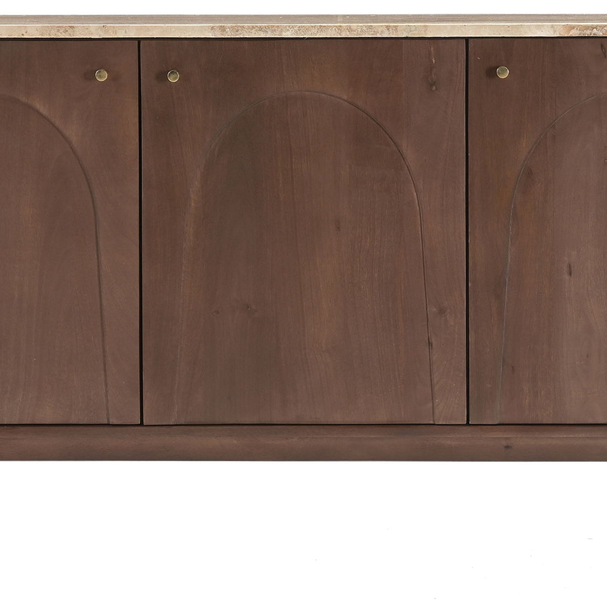 Dark brown mango wood buffet cabinet with marble top and three arched door fronts