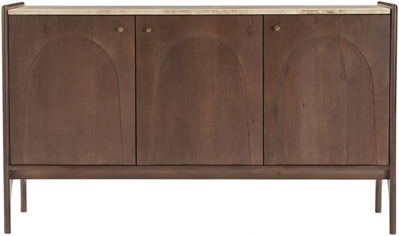 Dark brown mango wood buffet cabinet with marble top and three arched door fronts