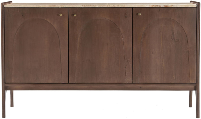 Dark brown mango wood buffet cabinet with marble top and three arched door fronts