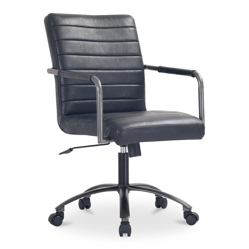 Black leather office chair with wide armrests, segmented back, and swivel caster base