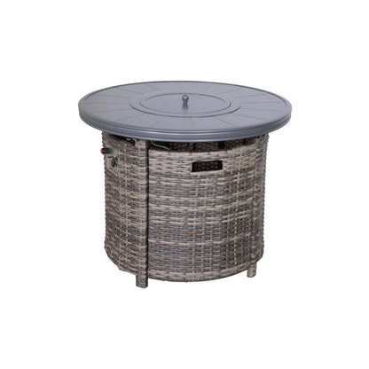 Outdoor fire pit table with round lid, light gray wicker-look sides and dark gray top