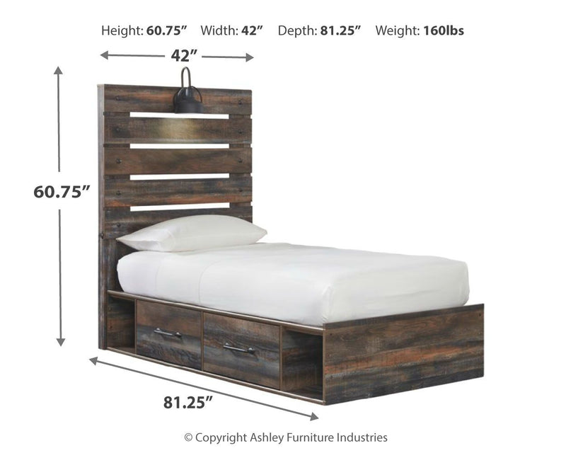 Panel bed with dark wood panel headboard, two front drawers, and white mattress set
