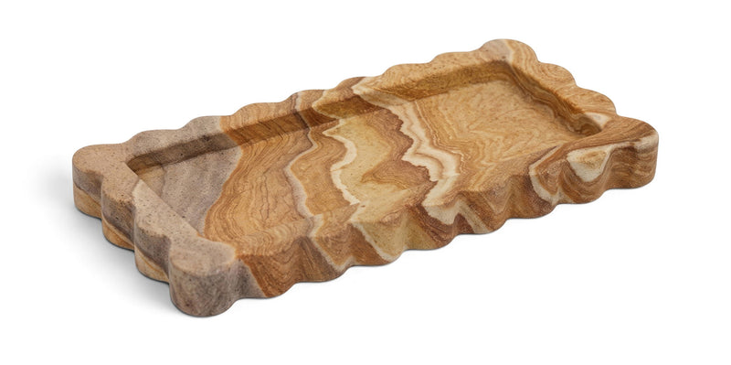Marble tray with scalloped edge, golden tan marble with wavy white lines.