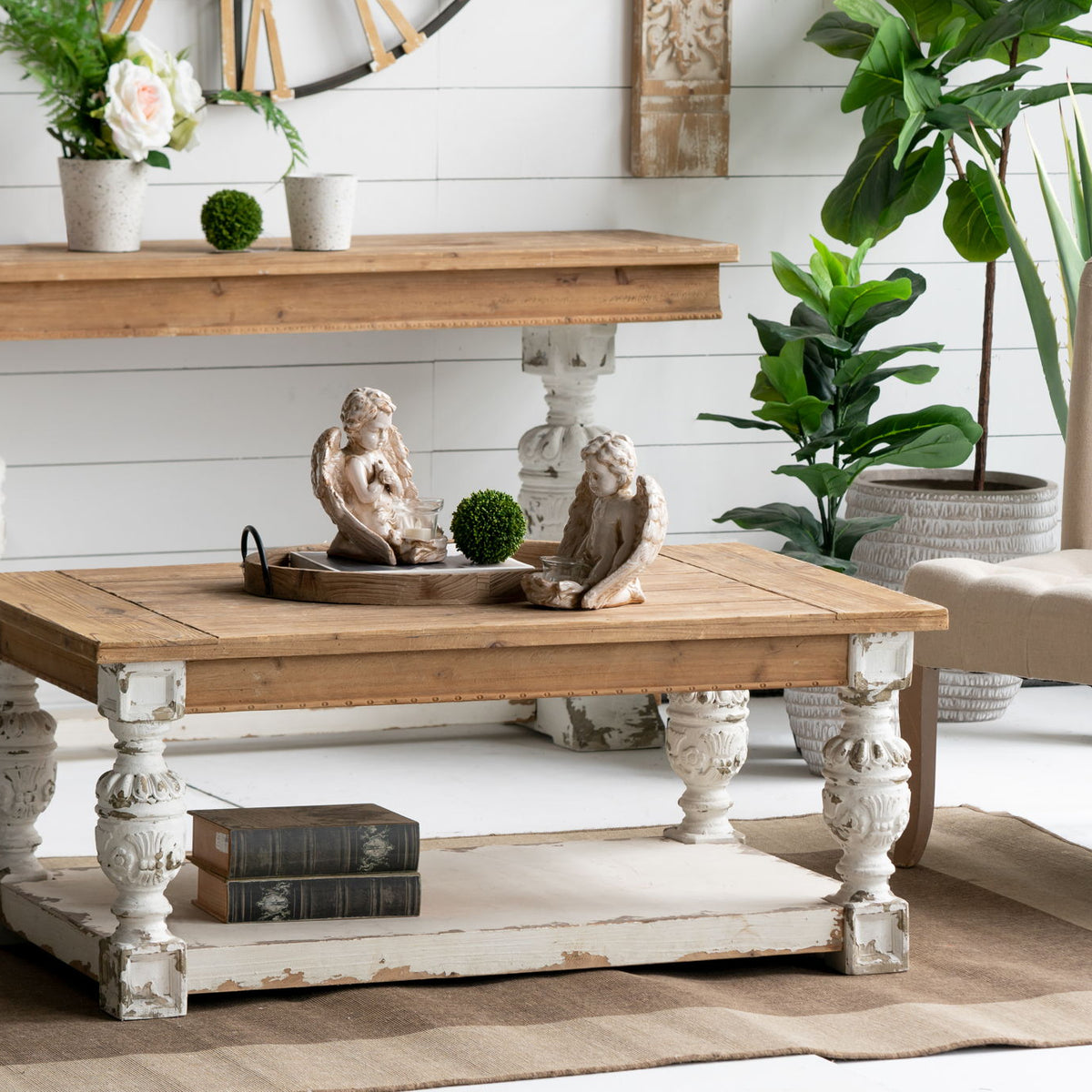 Rectangle Coffee Wooden Coffee Table, French Country Coffee Table - Brown / Antique White