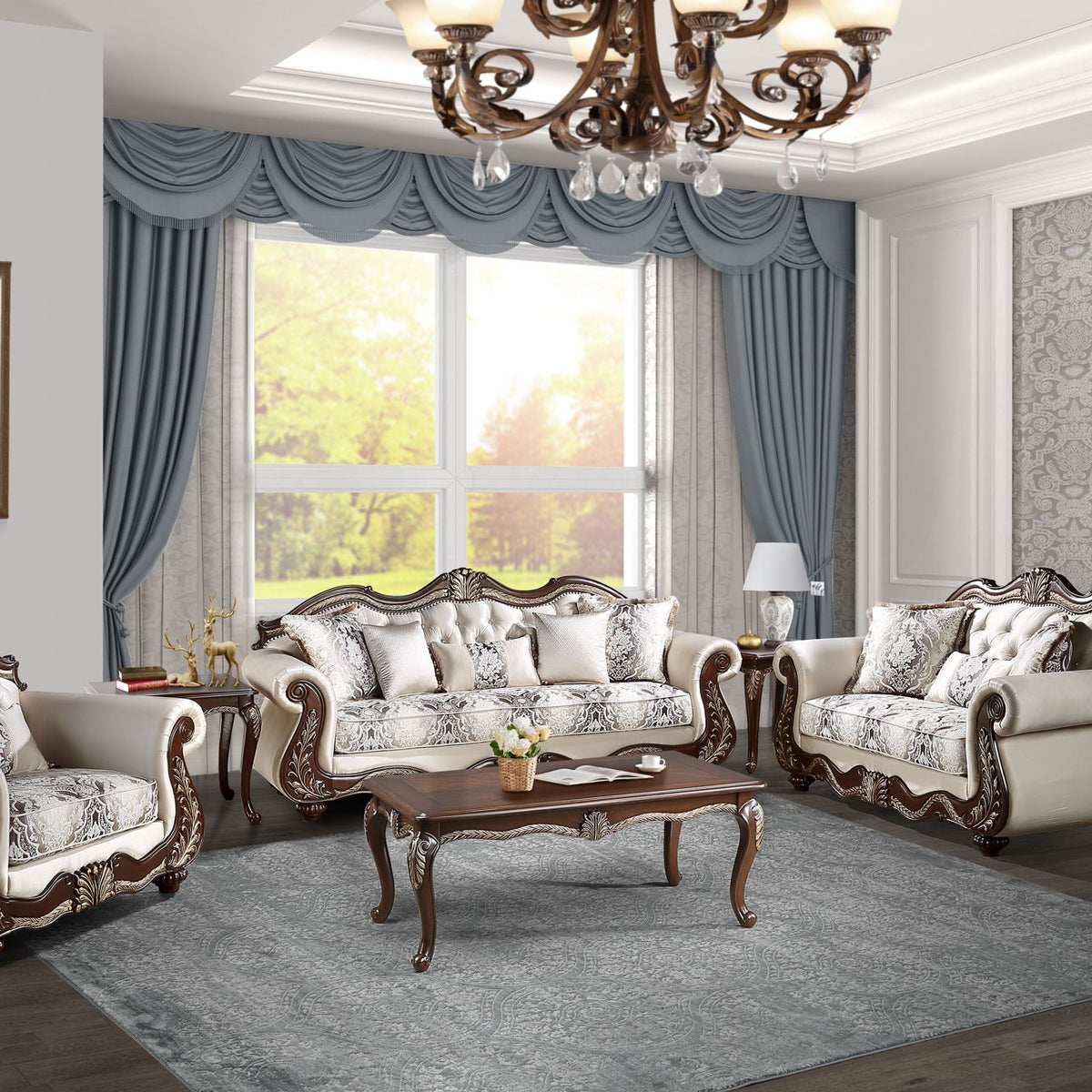 Pierce - 5 Pieces Living Room Set - Beige / Cherry