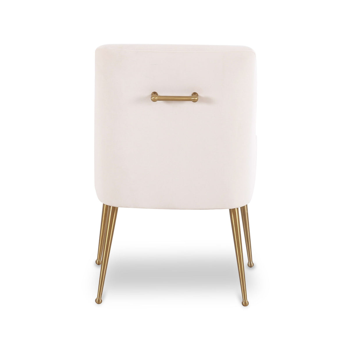 White velvet side chair with gold-toned handle detail and angled gold legs