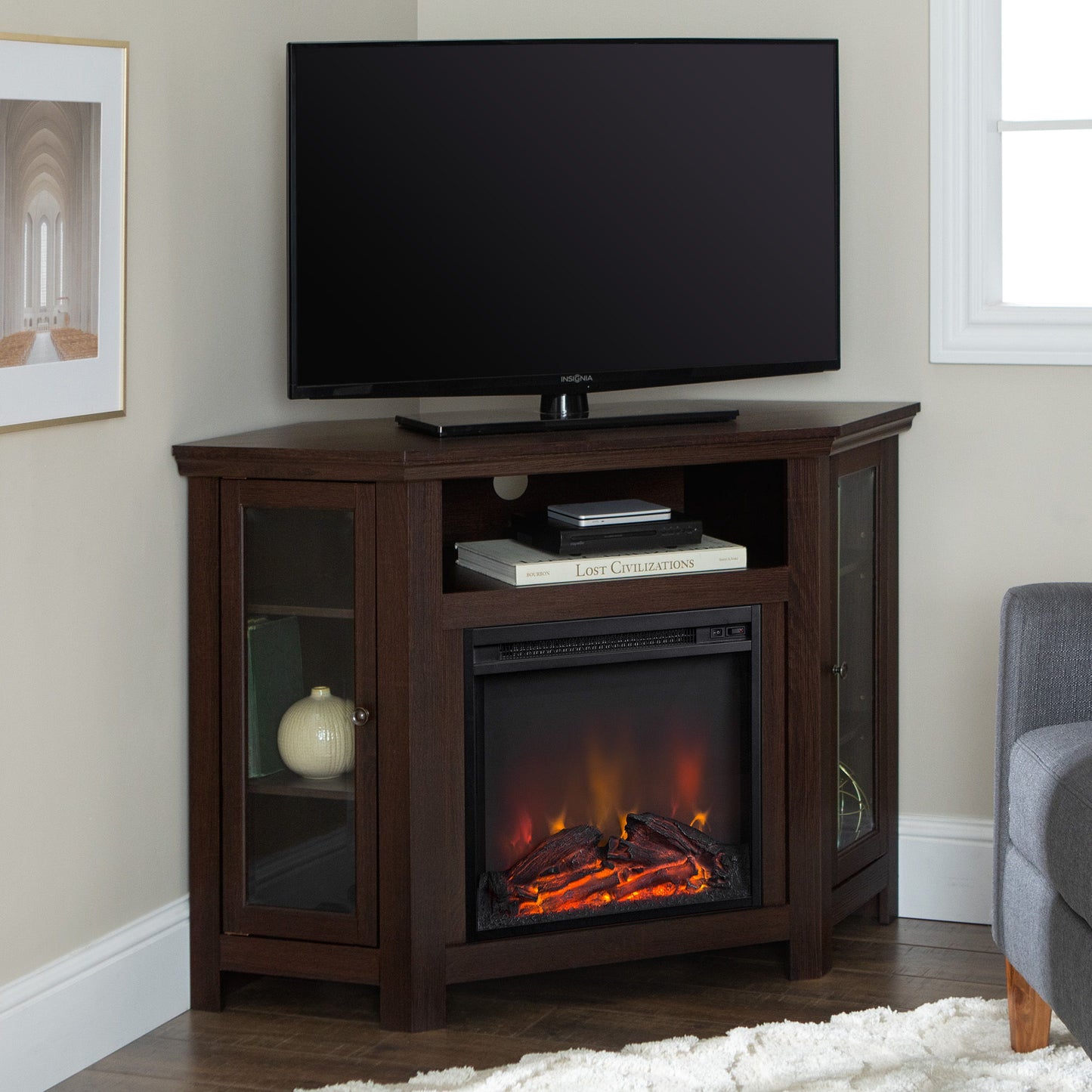 Classic Glass Door Fireplace TV Stand For Tvs Up To 55"