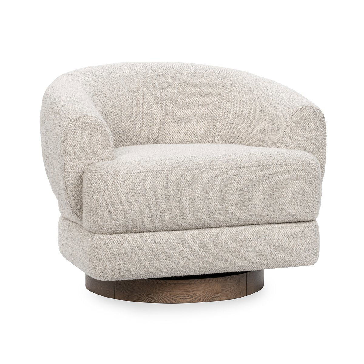 Dusty beige swivel accent chair, front view with wide seat cushion and dark wood base