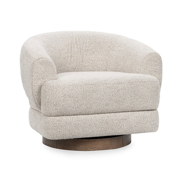 Dusty beige swivel accent chair, front view with wide seat cushion and dark wood base