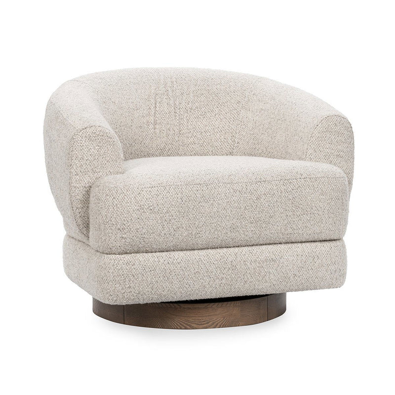 Dusty beige swivel accent chair, front view with wide seat cushion and dark wood base