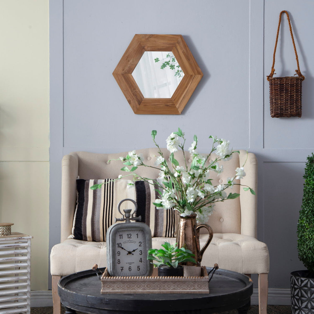 Hexagon Mirror With Natural Wood Frame, Wall Decor For Living Room Bathroom Hallway