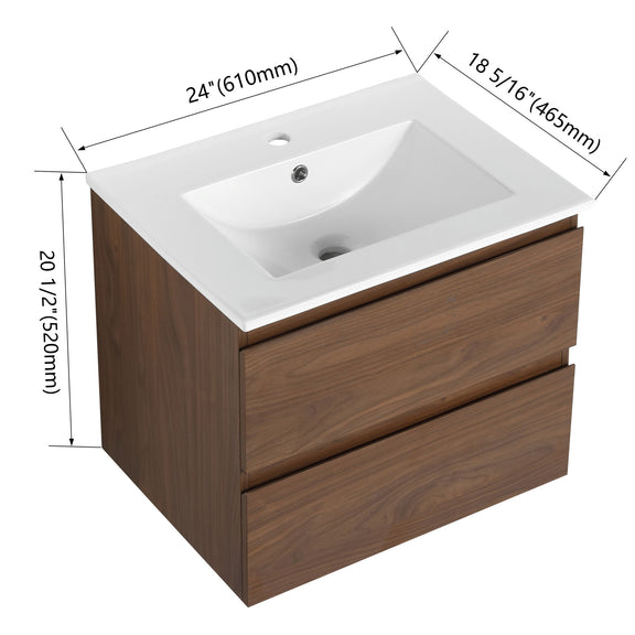 Wall-mounted vanity cabinet with white rectangular sink and two drawers, dark brown