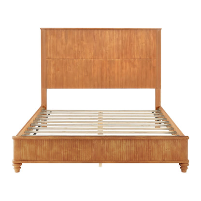 Light brown platform bed frame with tall paneled headboard and slatted base