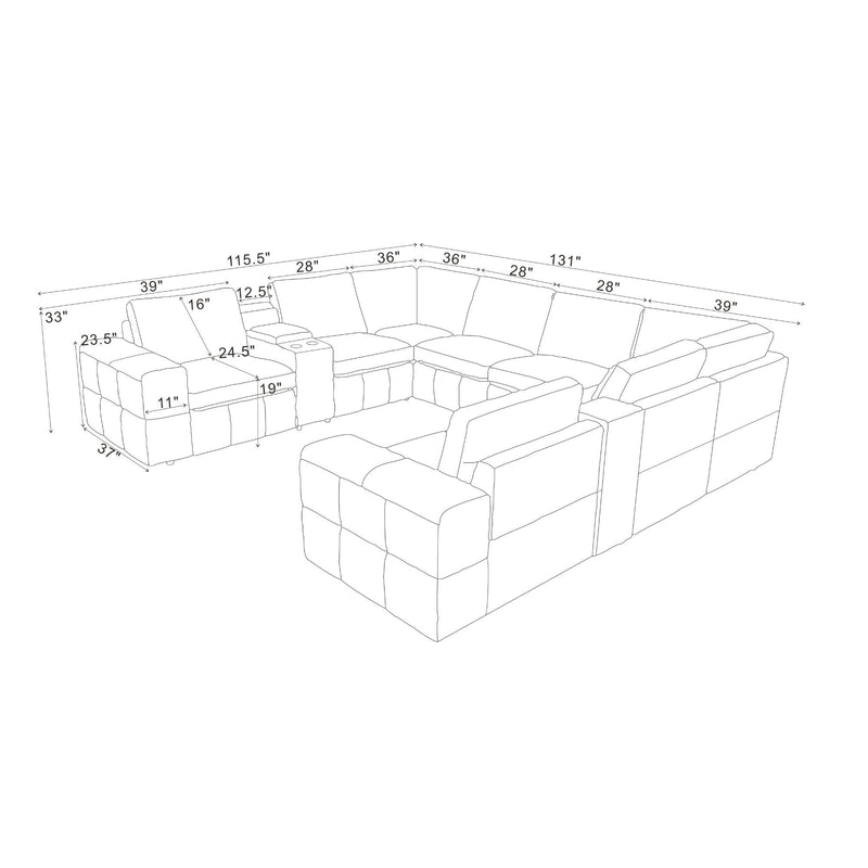 Sectional sofa layout diagram with measurements for a modular corner configuration