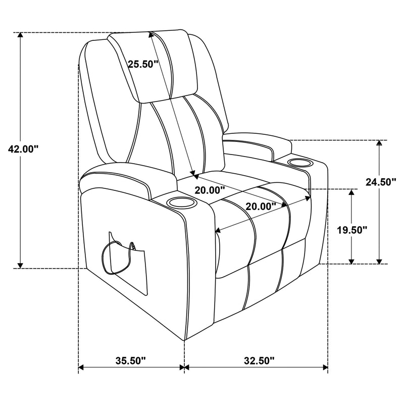Massage recliner side measurements diagram; dual cupholder area and heated back.