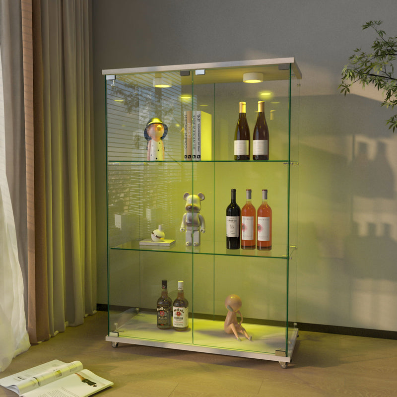 Modern Display Cabinet With LED Lights, Transparent Tempered Glass 2 Door Storage Case With 3 Shelves