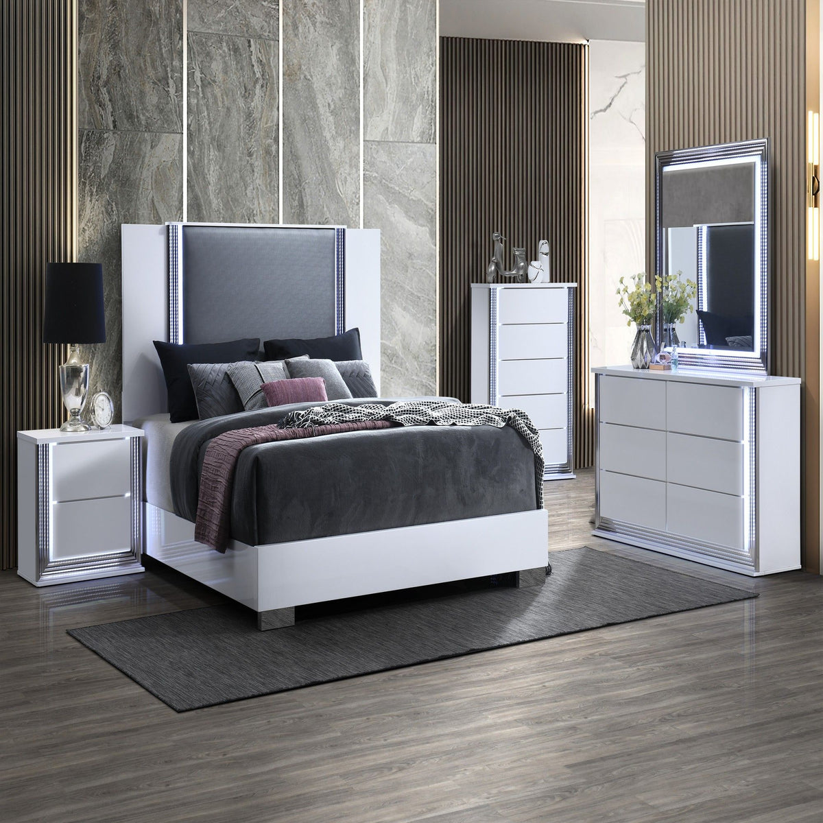 White LED nightstand with two drawers beside bed in a modern bedroom