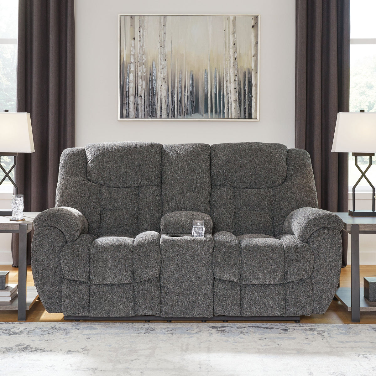 Foreside - Charcoal - Dbl Reclining Loveseat with Console