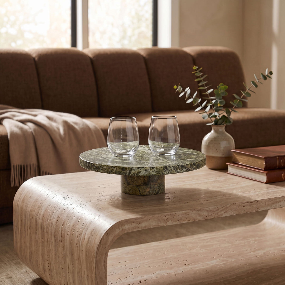 Green veined round marble tray with center pedestal base