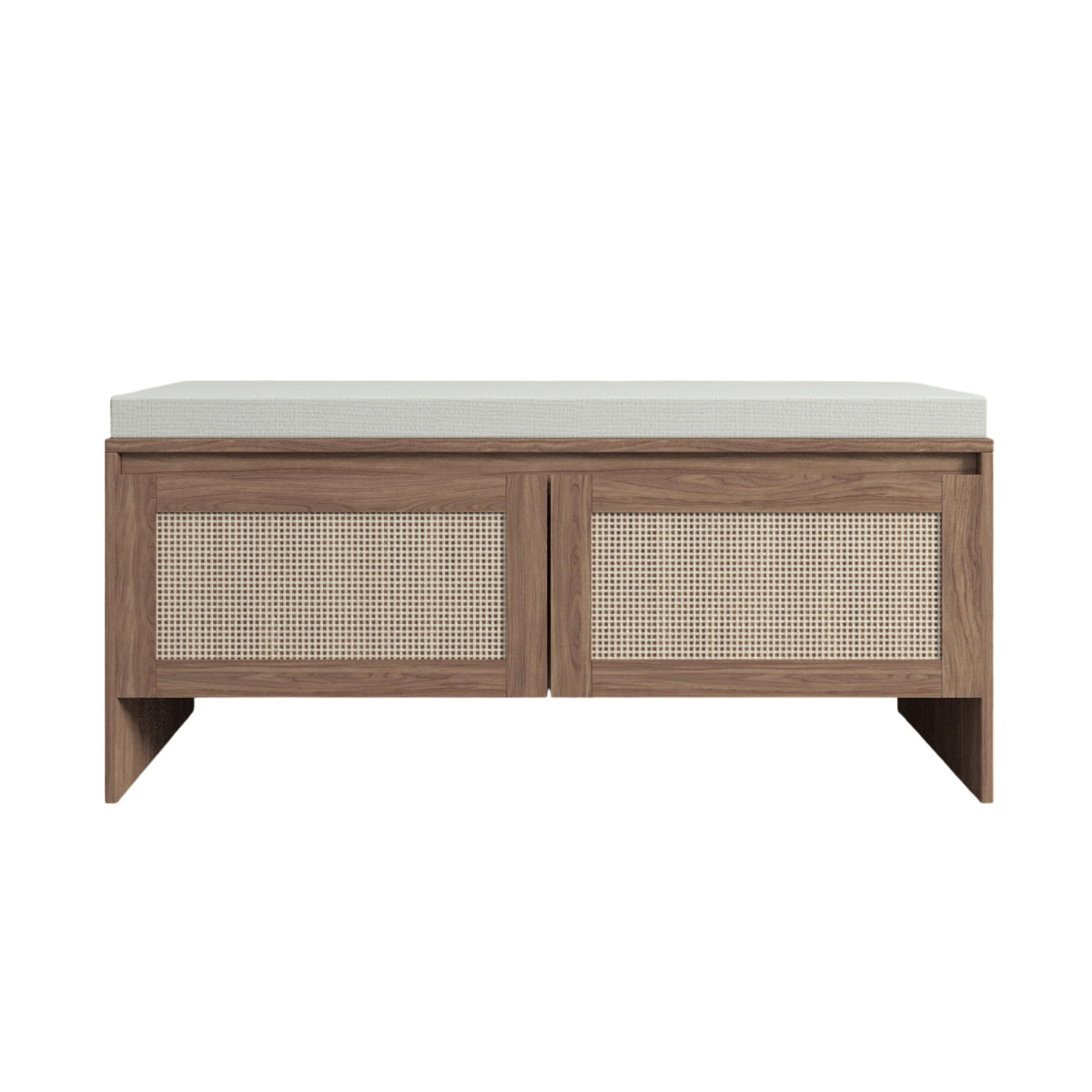 Storage Bench With Cushion, Shoe Cabinet With 2 Doors - Antique Natural / Rattan