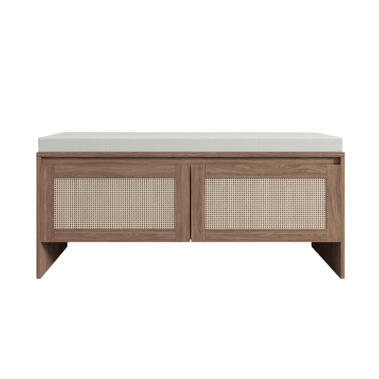 Storage Bench With Cushion, Shoe Cabinet With 2 Doors - Antique Natural / Rattan