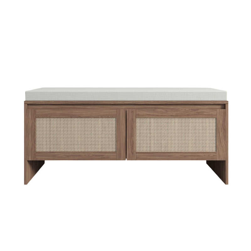 Storage Bench With Cushion, Shoe Cabinet With 2 Doors - Antique Natural / Rattan