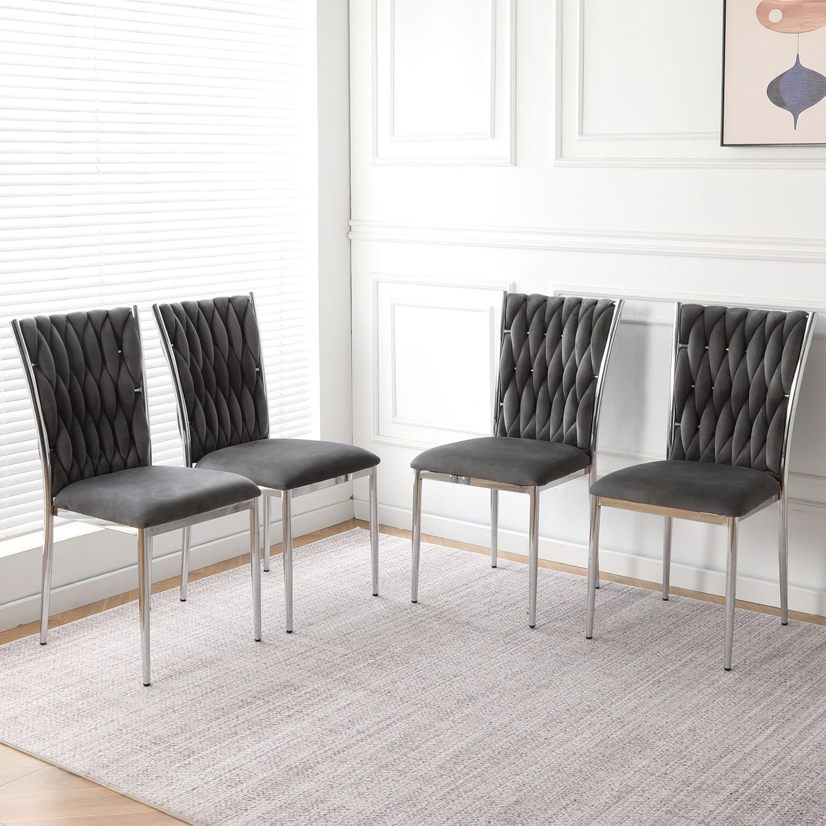 4-piece modern dining chair set, dark gray tufted back, padded seat, metal legs