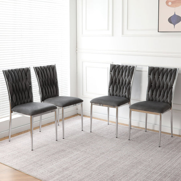 4-piece modern dining chair set, dark gray tufted back, padded seat, metal legs
