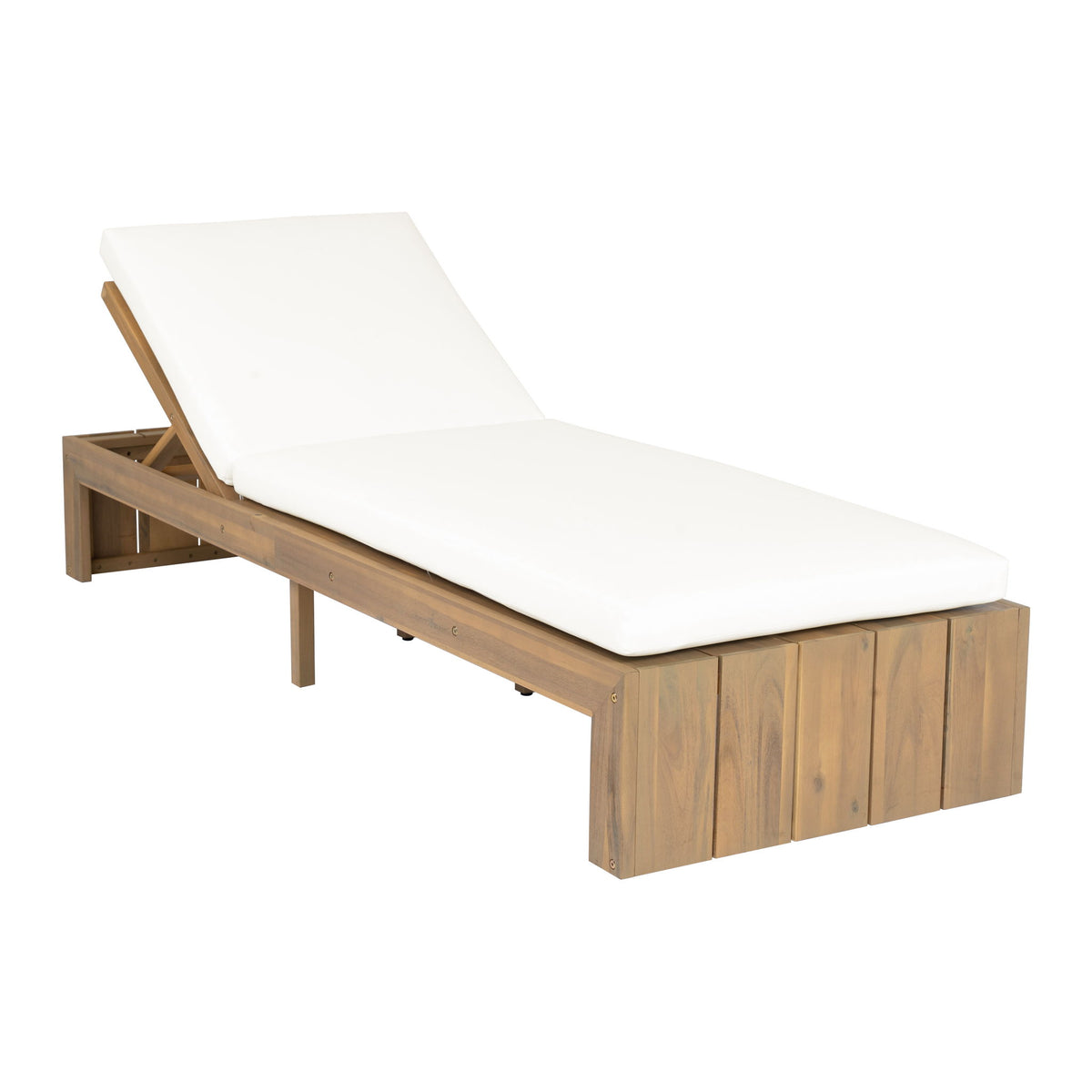 Adjustable outdoor chaise lounge with white removable cushion and light brown wood frame