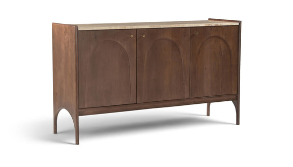 Dark brown mango wood sideboard with marble top, three cabinet doors, arched insets