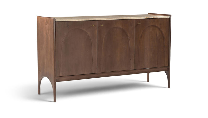 Dark brown mango wood sideboard with marble top, three cabinet doors, arched insets
