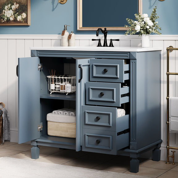 Blue bathroom vanity with open cabinet doors and drawers, adjustable shelf, and white sink top