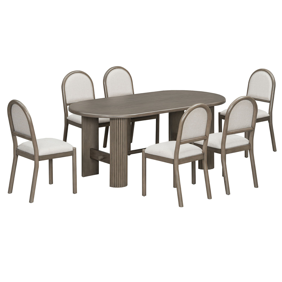 Dark brown oval dining table with six upholstered chairs, arched backs and fabric seats