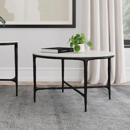 Hermas - Round Genuine Marble Top Metal Coffee Table - White