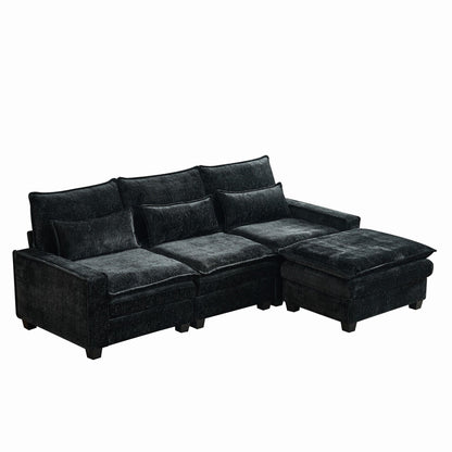 Black L-shaped sectional sofa with movable ottoman, plush seat cushions, back pillows