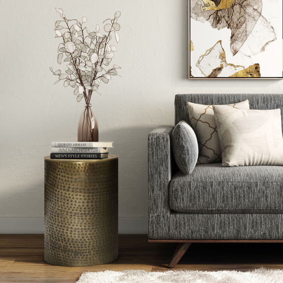 Corbin hammered metal side table, gold cylinder drum with hammered dots and round top