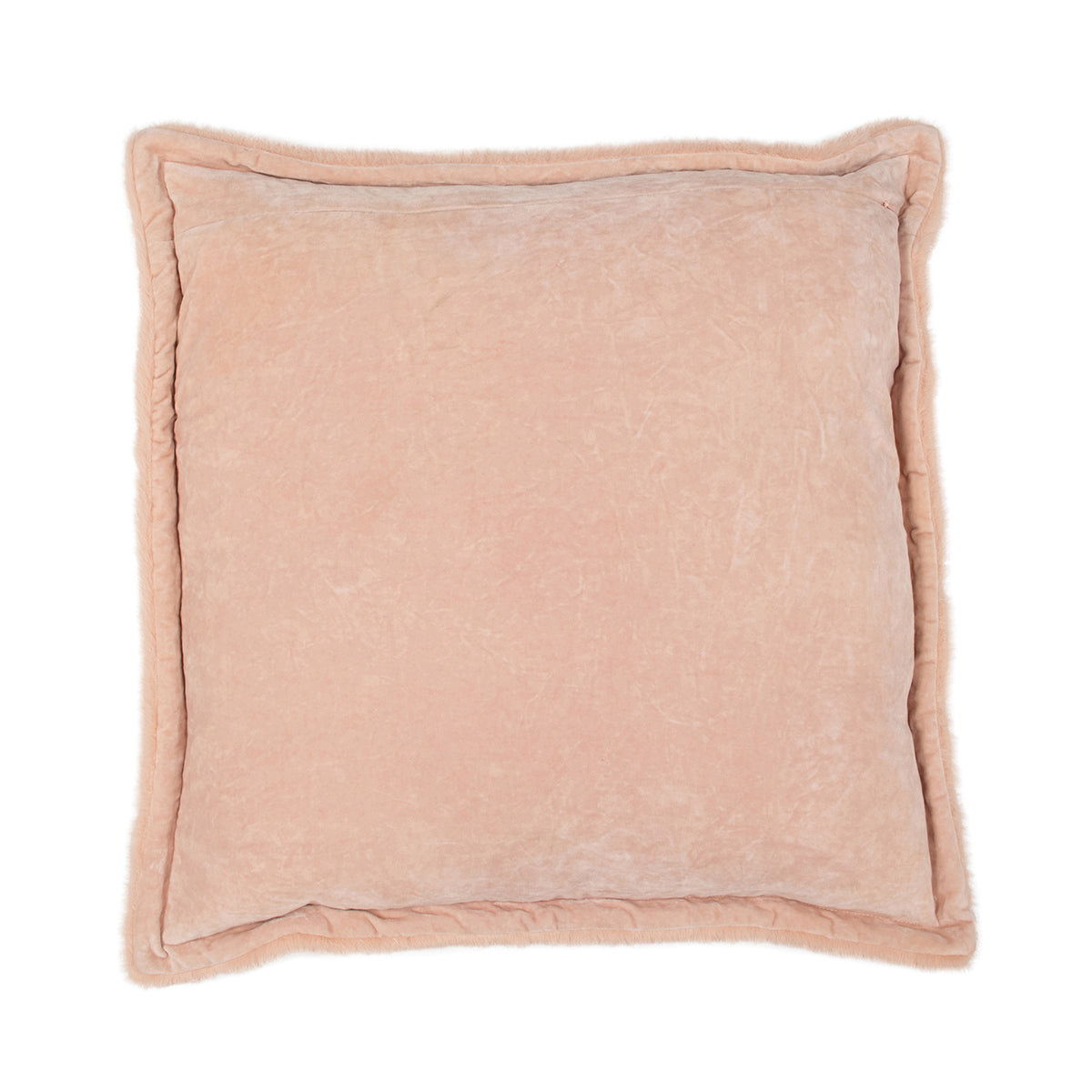 Peach plush square pillow with stitched border and smooth front