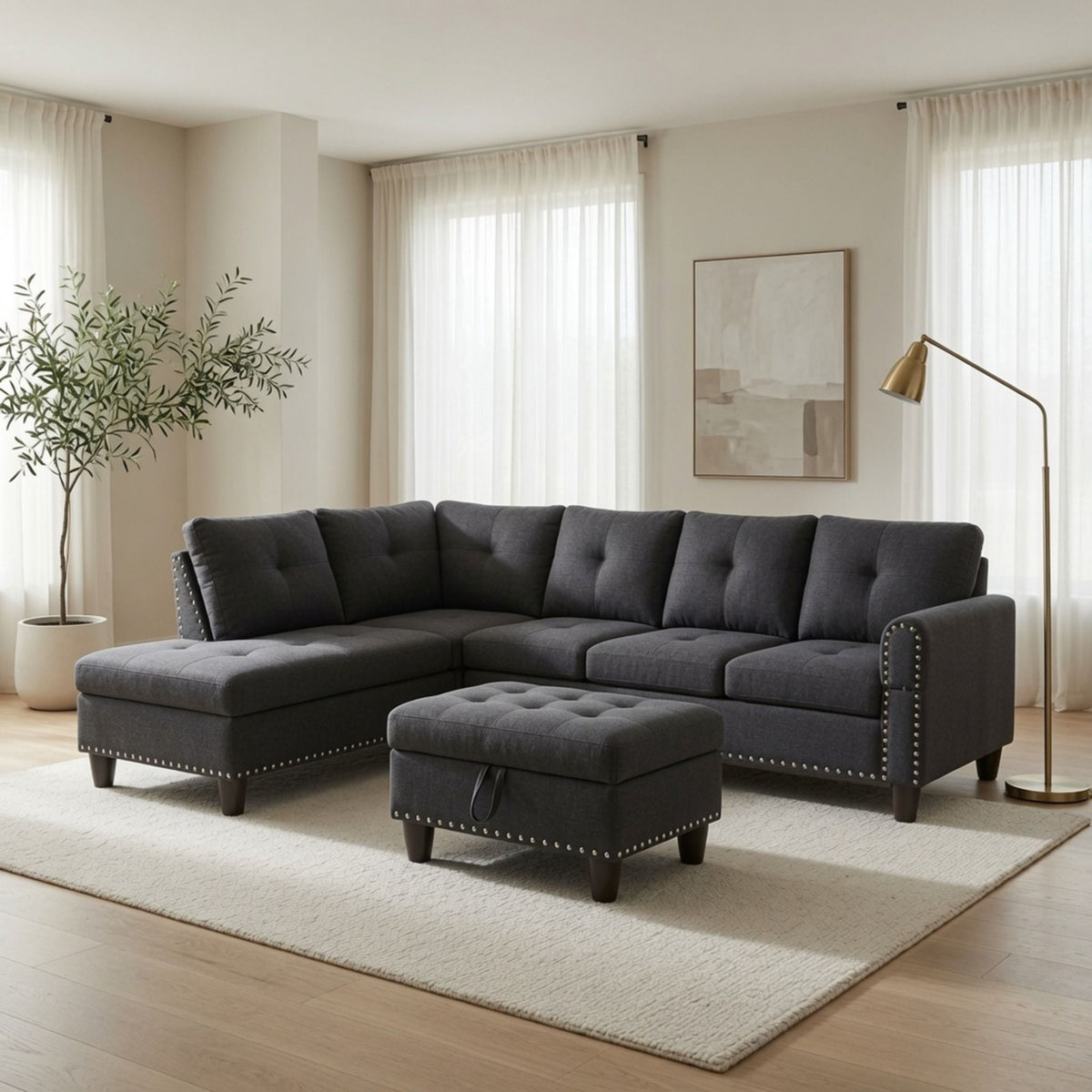 L - Shaped 3 Piece Sectional Sofa With Chaise, Storage Ottoman & Cup Holders