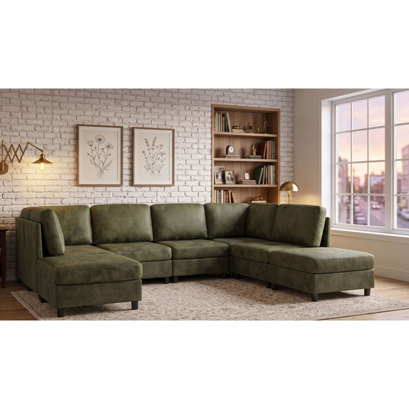 Dark green modular sectional sofa with removable cushions and corner ottoman seats