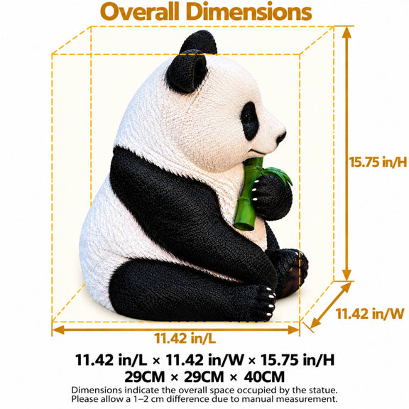 Side view of a sitting panda statue with dimensions: 11.42 by 11.42 by 15.75 inches