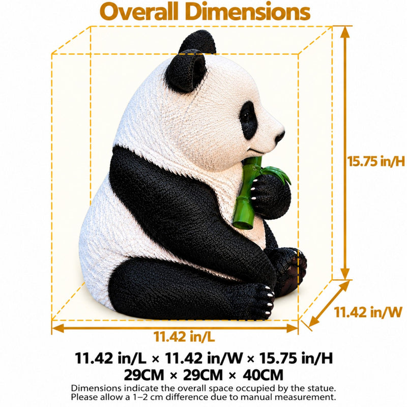 Side view of a sitting panda statue with dimensions: 11.42 by 11.42 by 15.75 inches