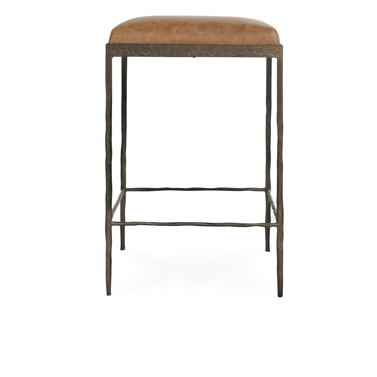 Chestnut brown leather counter stool with padded seat and metal cage frame