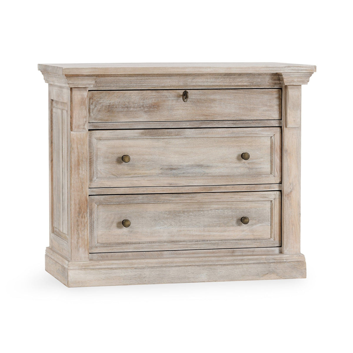 Nightstand with three drawers, brushed brass-tone knobs, and distressed finish