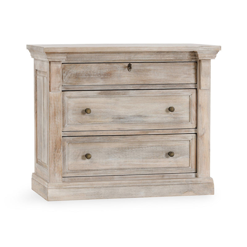 Nightstand with three drawers, brushed brass-tone knobs, and distressed finish