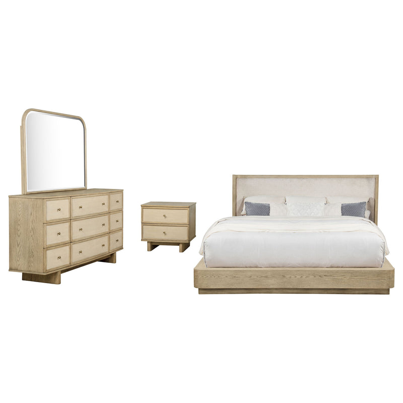 Light brown bedroom set with upholstered headboard bed, dresser, mirror, nightstand